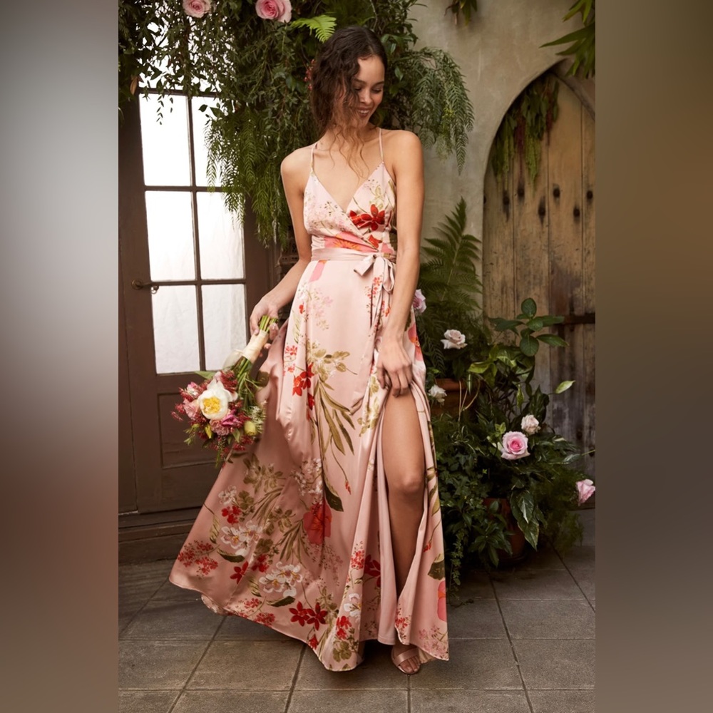 Lulus cocktail dress: “still the one” blush pink floral satin dress.